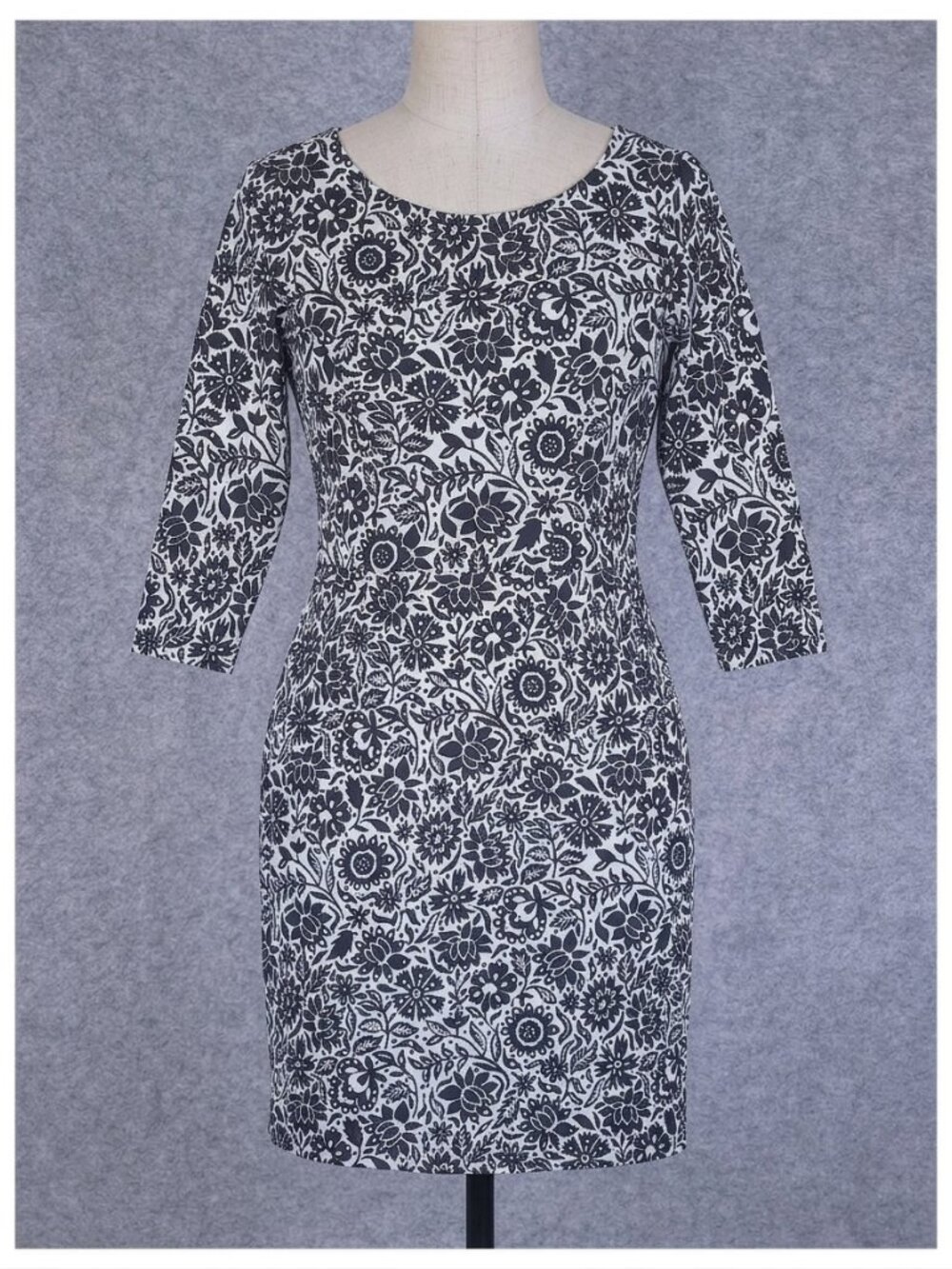 Boden Floral Shift Dress 4R Black White Botanical 3/4 Sleeve Penny J0074 Cotton